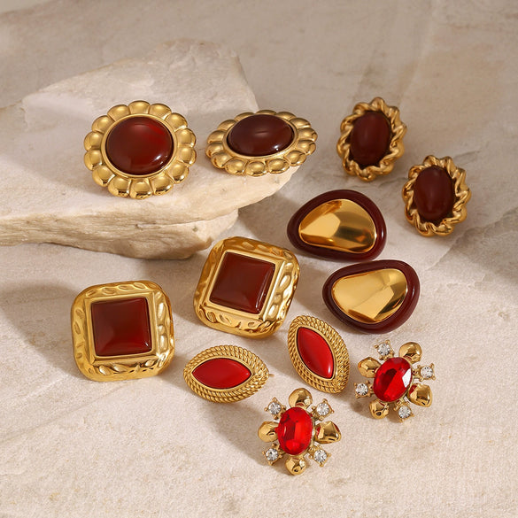 Stainless Steel Red Agate Zircon Geometric Earrings With Electroplating For Women