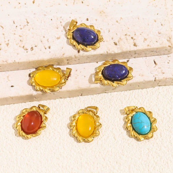 Stainless Steel Retro Geometric Colorful Stone Pendant Handmade Jewelry Accessories