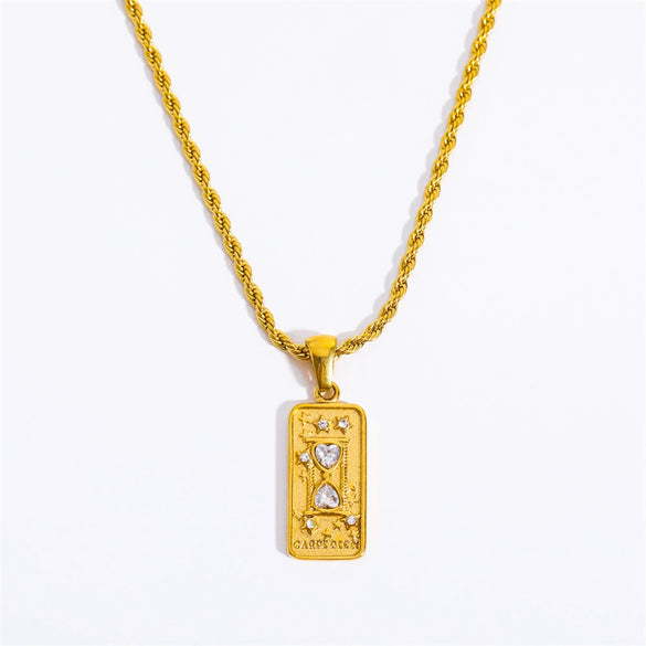 Stainless Steel Retro Geometric Tarot Card Square Pendant Necklace With Furnace Electroplated 18K Gold Twist Chain