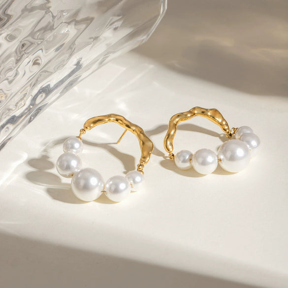 Stainless Steel Retro Pearl Geometric Earrings With Electroplating For Women