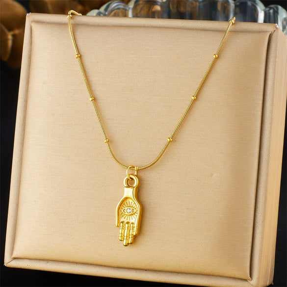 Stainless Steel Retro Personality Devil's Eye Palm Pendant Jewelry Necklace With Bamboo Chain And Electroplating