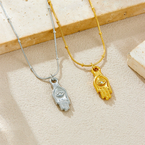 Stainless Steel Retro Personality Devil's Eye Palm Pendant Jewelry Necklace With Bamboo Chain And Electroplating