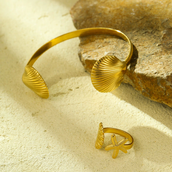 Stainless Steel Retro Style Starfish Scallop Open Bracelet Ring Suit With Electroplating