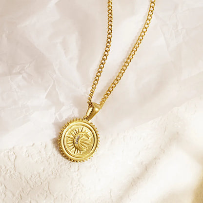 Stainless Steel Retro Sun Moon Plating Inlay Zircon Pendant Necklace