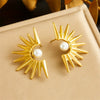 Stainless Steel Retro Sunflower Pearl Threepiece Set Of Necklace Earrings And Ring With Electroplating