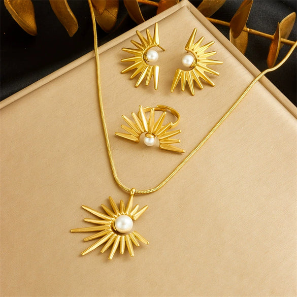 Stainless Steel Retro Sunflower Pearl Threepiece Set Of Necklace Earrings And Ring With Electroplating
