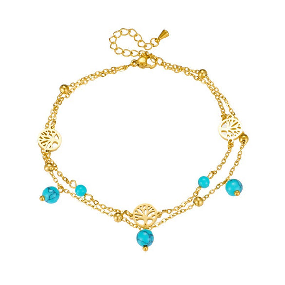 Stainless Steel Retro Turquoise Pendant Tree Of Life Double Layer Women's Anklet