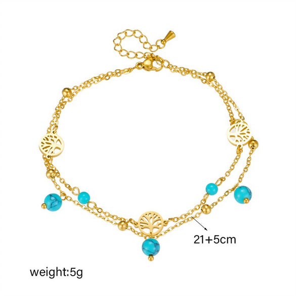 Stainless Steel Retro Turquoise Pendant Tree Of Life Double Layer Women's Anklet