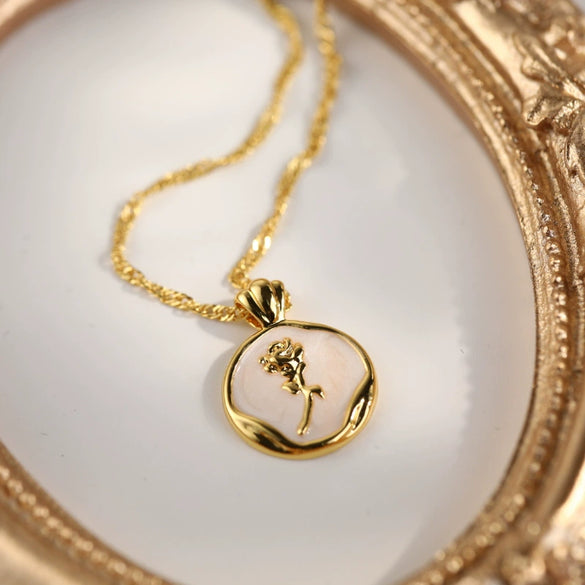 Stainless Steel Retro Vintage Rose Round Pendant Necklace With Dripping Glaze Tulip Flower Pattern