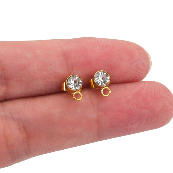 Stainless Steel Rhinestone Hoop Round Bead Earrings Goldplated Electroplated Diy Earring Accessories