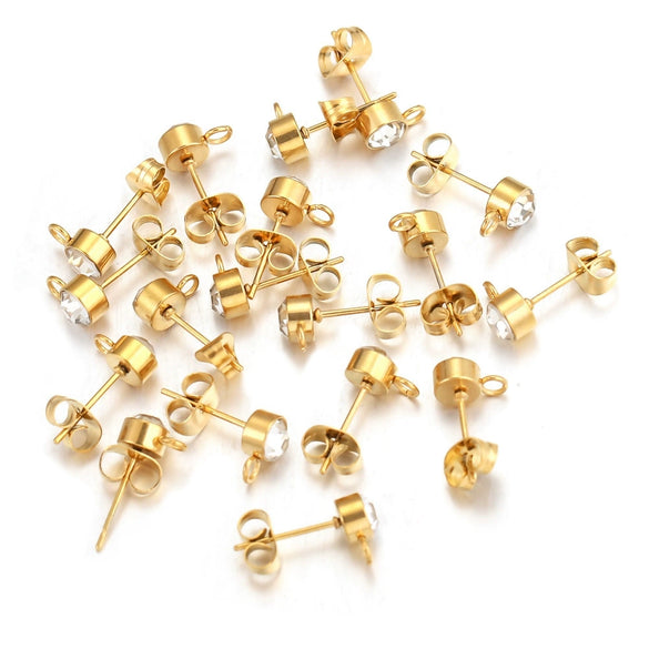 Stainless Steel Rhinestone Hoop Round Bead Earrings Goldplated Electroplated Diy Earring Accessories