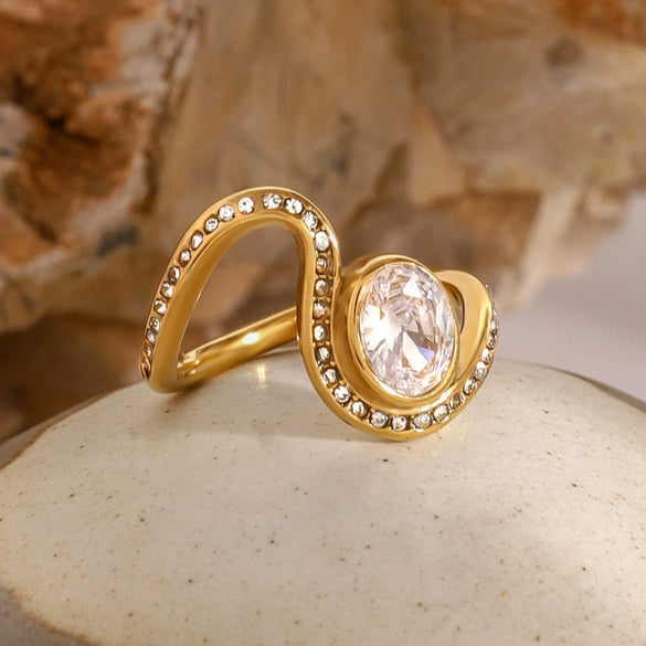 Stainless Steel Rhinestone Irregular Wave Geometric Ring Electroplated For Women