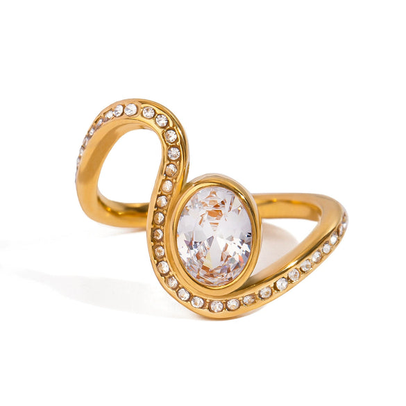 Stainless Steel Rhinestone Irregular Wave Geometric Ring Electroplated For Women