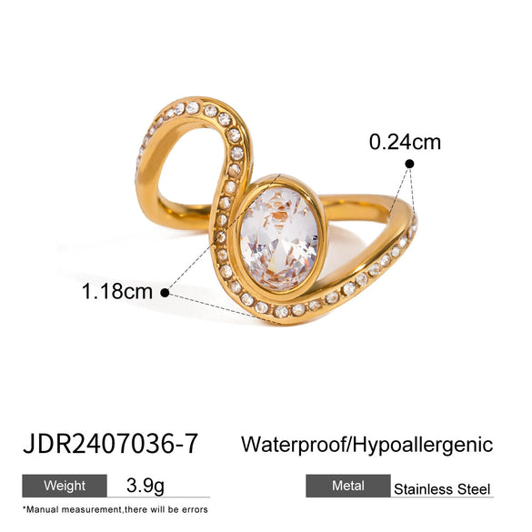 Stainless Steel Rhinestone Irregular Wave Geometric Ring Electroplated For Women