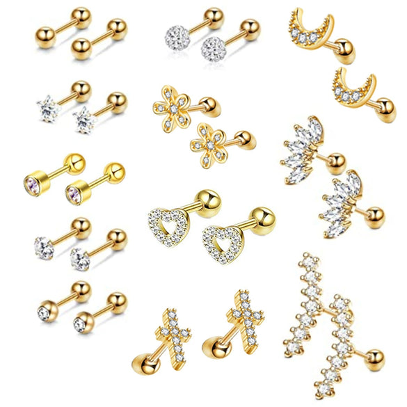 Stainless Steel Rhombus Threaded Piercing Ear Bone Nail Cartilage Earrings Set