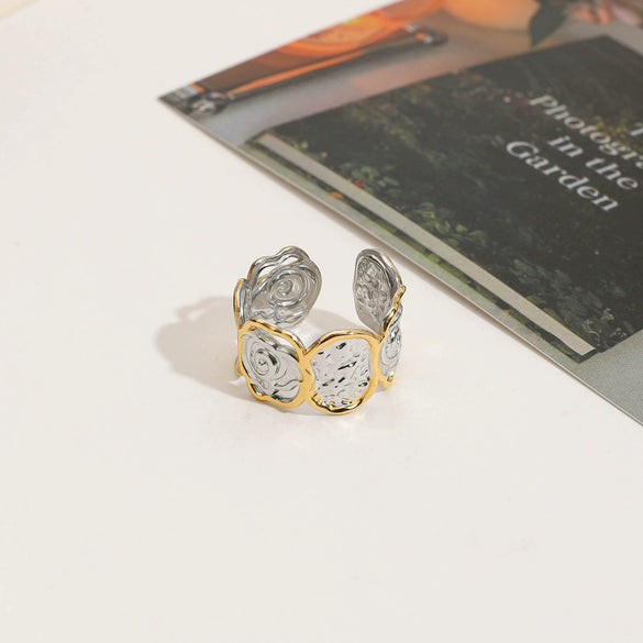 Stainless Steel Ring Geometric Pattern Electroplating Design Gold And Silver Color Matching Hammer Pattern Nonfading Hand Jewelry