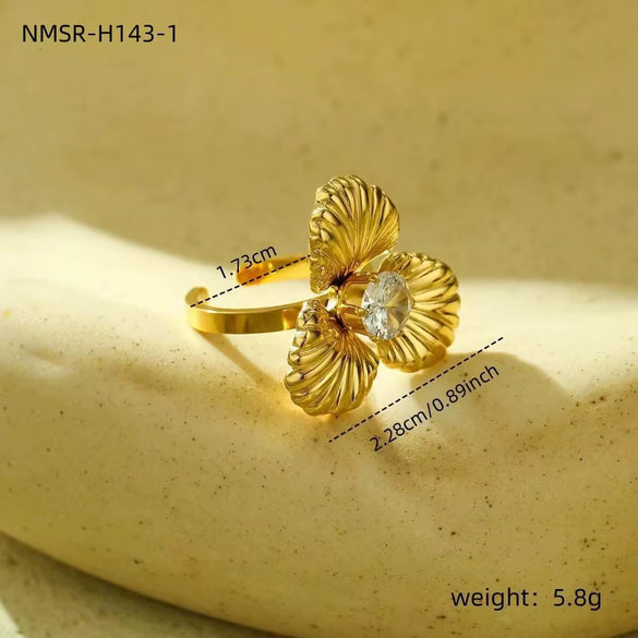 Stainless Steel Ring Light Luxury Women's Geometric Electroplated Golden Flower Pearl Design