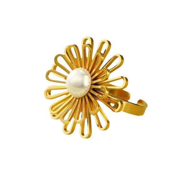 Stainless Steel Ring Light Luxury Women's Geometric Electroplated Golden Flower Pearl Design
