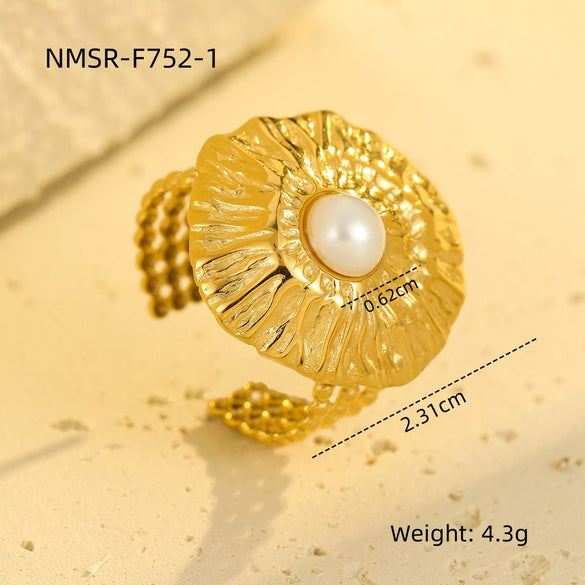 Stainless Steel Ring Light Luxury Women's Geometric Electroplated Golden Flower Pearl Design