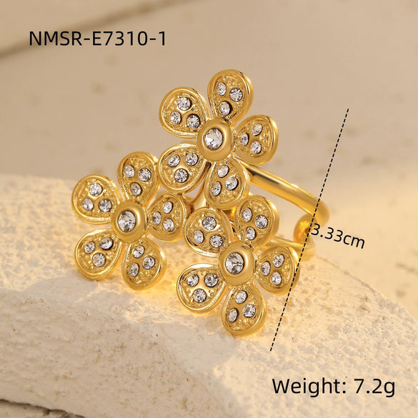 Stainless Steel Ring Light Luxury Women's Geometric Electroplated Golden Flower Pearl Design