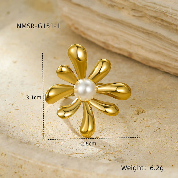 Stainless Steel Ring Light Luxury Women's Geometric Electroplated Golden Flower Pearl Design
