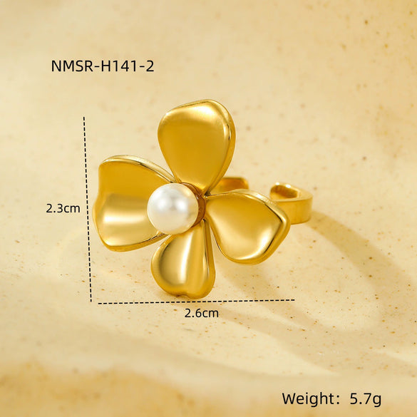 Stainless Steel Ring Light Luxury Women's Geometric Electroplated Golden Flower Pearl Design