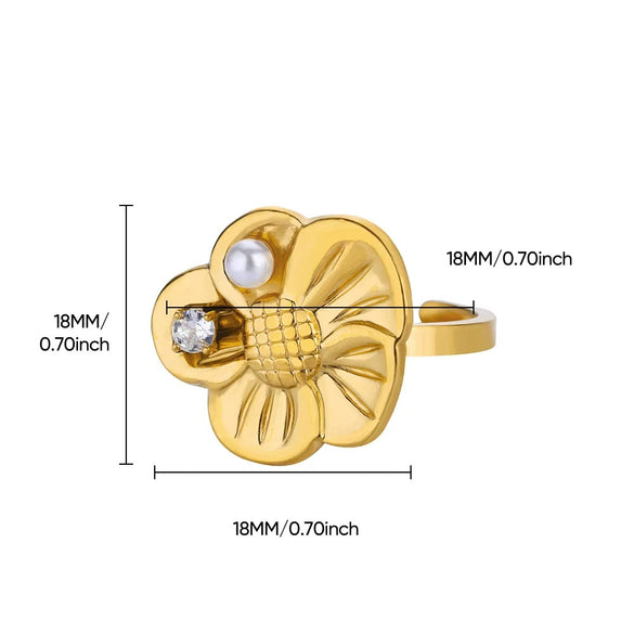 Stainless Steel Ring With Golden Flower Pearl For Women Luxury Electroplated