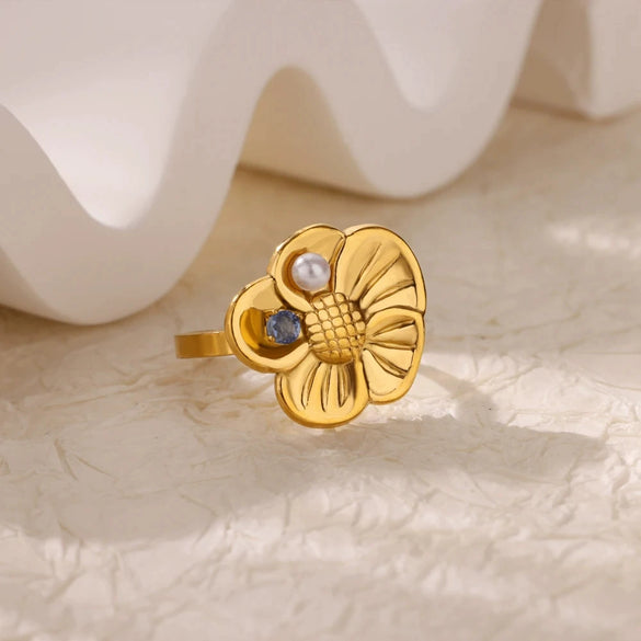Stainless Steel Ring With Golden Flower Pearl For Women Luxury Electroplated
