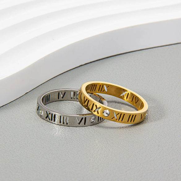 Stainless Steel Ring With Roman Digital And Letter Pattern Gold Plated Hollow For Couples