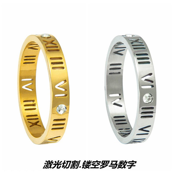 Stainless Steel Ring With Roman Digital And Letter Pattern Gold Plated Hollow For Couples