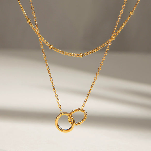 Stainless Steel Ringlinked Doublelayer Niche Design Sense Titanium Steel Necklace With Geometric Pattern Electroplated