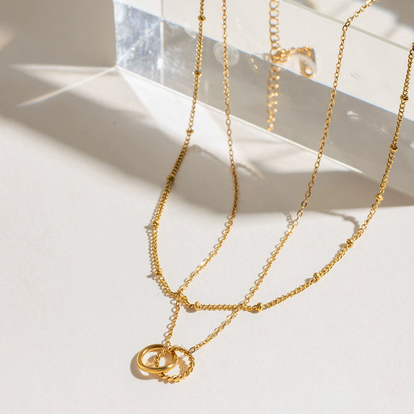Stainless Steel Ringlinked Doublelayer Niche Design Sense Titanium Steel Necklace With Geometric Pattern Electroplated