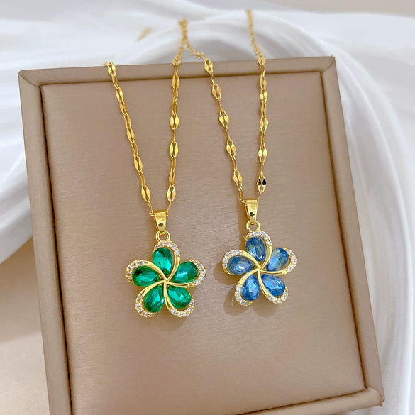 Stainless Steel Rotating Flower Animal Zodiac Full Diamond Unisex Necklace