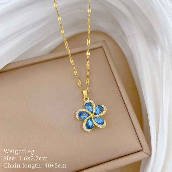 Stainless Steel Rotating Flower Animal Zodiac Full Diamond Unisex Necklace