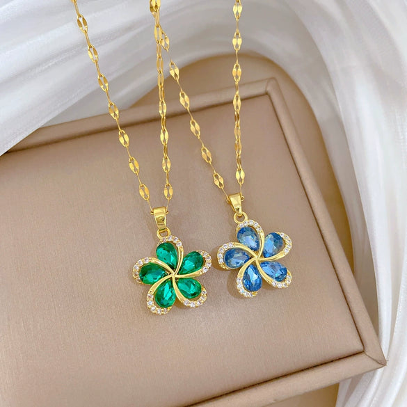 Stainless Steel Rotating Flower Animal Zodiac Full Diamond Unisex Necklace