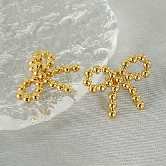 Stainless Steel Round Bead Bow Earrings Jewelry For Women With Electroplating
