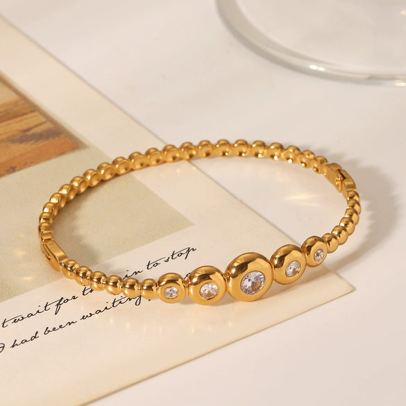 Stainless Steel Round Bead Bracelet For Women Highend Zircon Inlaid 18K Goldplated Geometric Ins Style