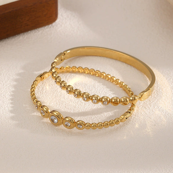 Stainless Steel Round Bead Bracelet For Women Light Luxury Geometric Style 18K Goldplated Electroplated Diamondencrusted Zircon