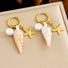 Stainless Steel Round Earrings With Seaside Vacation Style Contrasting Color Conch Starfish Pearl Pendant And Star Pattern