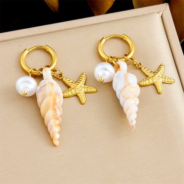 Stainless Steel Round Earrings With Seaside Vacation Style Contrasting Color Conch Starfish Pearl Pendant And Star Pattern