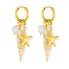 Stainless Steel Round Earrings With Seaside Vacation Style Contrasting Color Conch Starfish Pearl Pendant And Star Pattern