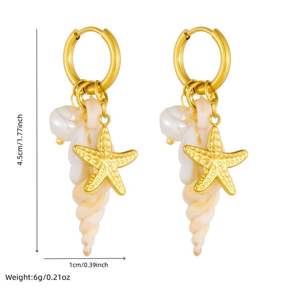 Stainless Steel Round Earrings With Seaside Vacation Style Contrasting Color Conch Starfish Pearl Pendant And Star Pattern