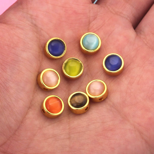 Stainless Steel Round Loose Beads Diy Jewelry Accessories With Cat's Eye Stone And Electroplating Treatment