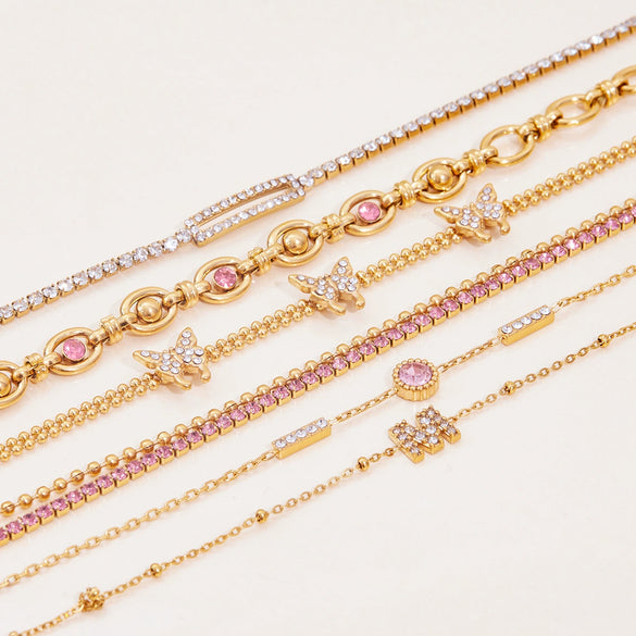 Stainless Steel Round Pink Zirconium Women's Bracelet With Electroplating Geometric Design