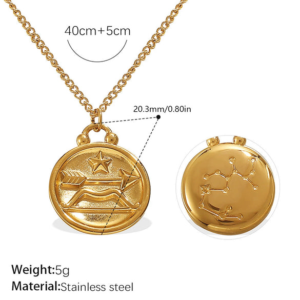 316L Stainless Steel Round Plate Twelve Constellation Pattern Pendant Necklace For Women Electroplated