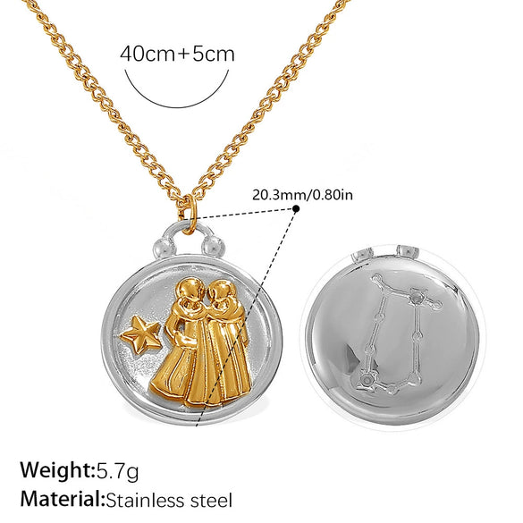 316L Stainless Steel Round Plate Twelve Constellation Pattern Pendant Necklace For Women Electroplated