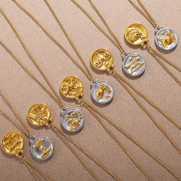 316L Stainless Steel Round Plate Twelve Constellation Pattern Pendant Necklace For Women Electroplated