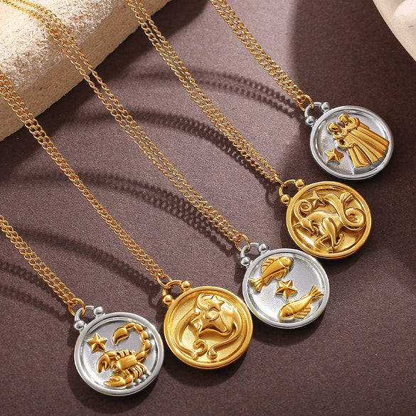 316L Stainless Steel Round Plate Twelve Constellation Pattern Pendant Necklace For Women Electroplated