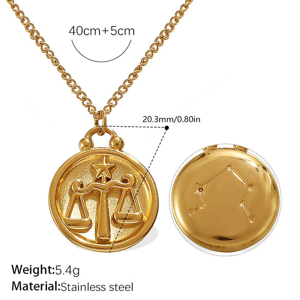 316L Stainless Steel Round Plate Twelve Constellation Pattern Pendant Necklace For Women Electroplated