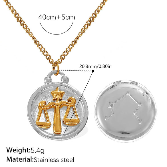 316L Stainless Steel Round Plate Twelve Constellation Pattern Pendant Necklace For Women Electroplated